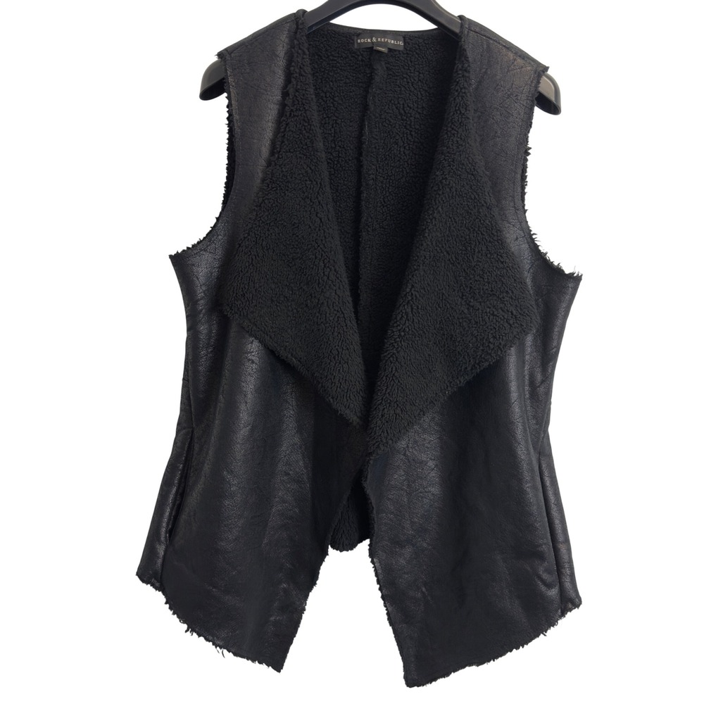 Rock & Republic Womens Black Faux Leather Shearling Lined Draped Vest Large